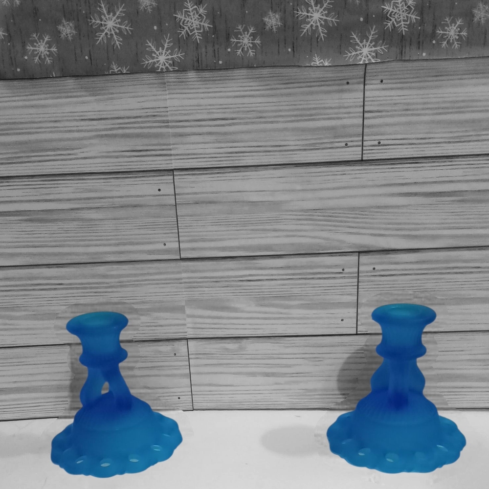 Vintage Mid century Westmoreland Doric Lace Frosted Blue Glass Candle Holders